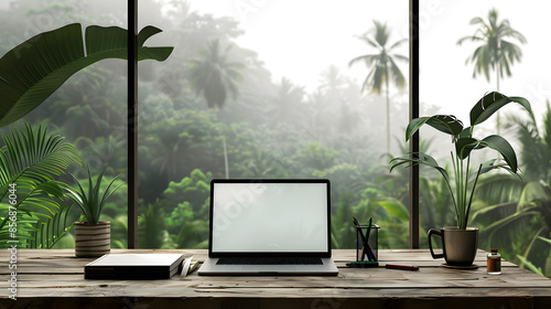 Fototapeta Naklejka Na Ścianę i Meble -  A contemporary workspace featuring a laptop on a wooden desk, surrounded by tropical plants and a lush jungle view through a large window, perfect for a serene and productive environment.