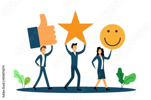 Happy Customer Service Business Team Holding Feedback Signs. Outstanding work results and team cooperation concept