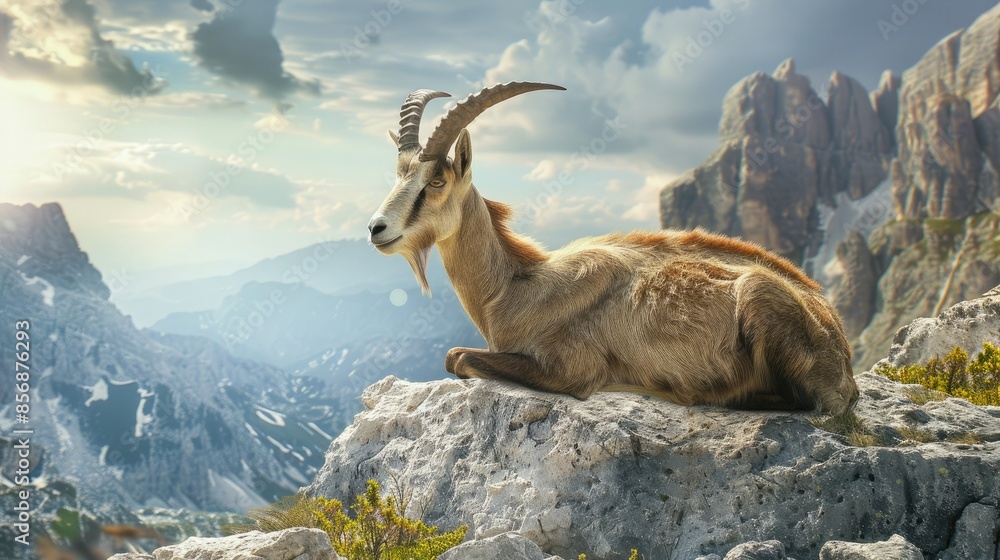 Magnificent mountain goat resting on rocky terrain with breathtaking mountain landscape in the background under a dramatic sky. Magnificent mountain goat resting on rocky terrain with breathtaking mountain landscape in the background under a dramatic sky.