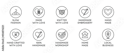 Vector set of logo design templates in simple linear style - handmade fashion and crafts badges - emblems handmade embroidery, made with love, handmade workshop