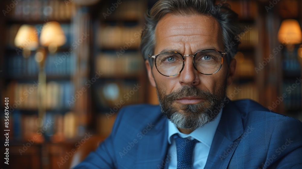 Obraz premium A poised and sophisticated man poses neatly dressed in a library