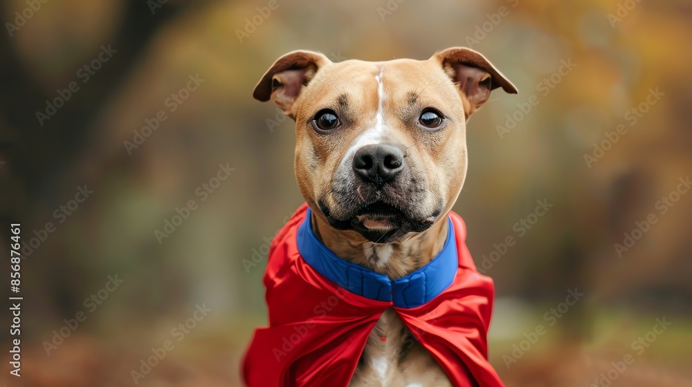 A brown and white pit bull dog wearing a red cape looks at the camera. A brown and white pit bull dog wearing a red cape looks at the camera.