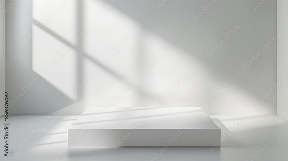 A minimalist white interior with a sunlit platform and window shadows on the walls, creating a serene and modern atmosphere with soft natural light. A minimalist white interior with a sunlit platform and window shadows on the walls, creating a serene and modern atmosphere with soft natural light.