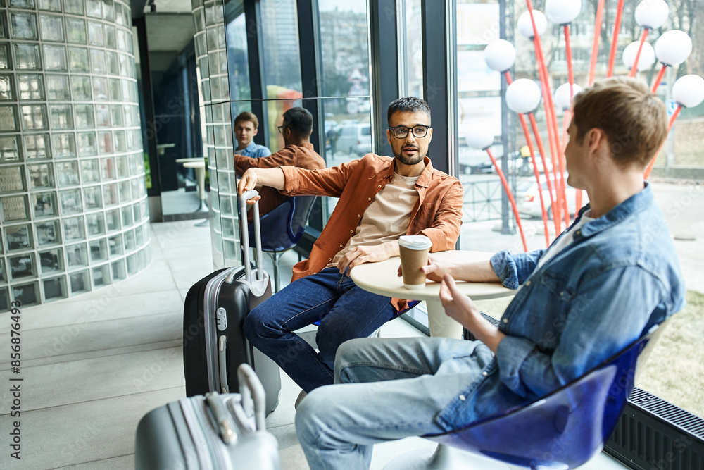 Two colleagues sit at a table with luggage at a hotel, discussing strategies for their corporate trip. Two colleagues sit at a table with luggage at a hotel, discussing strategies for their corporate trip.