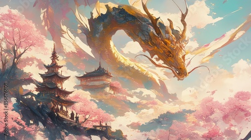 A dragon is flying over a city with cherry blossoms. The dragon is large and has a long tail. The city is surrounded by trees and buildings photo