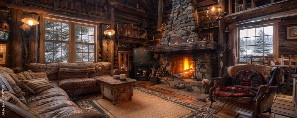 Rustic cabin with a warm, inviting atmosphere. Rustic cabin with a warm, inviting atmosphere.