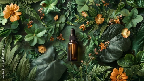 Amber dropper bottle surrounded by lush greenery and delicate flowers, set against a vibrant green background, highlighting natural skincare