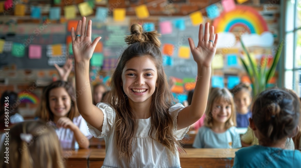 Fototapeta premium A cheerful young girl raises her hands in a classroom with other children and decorations