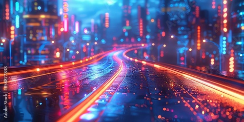 Neon-lit Futuristic Cityscape with Wet Roads at Night