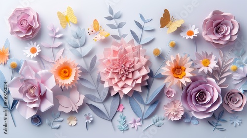 Abstract botanical scene with pastel paper flowers, including roses, daisies, dahlias, butterflies, and leaves, isolated on white, raw style