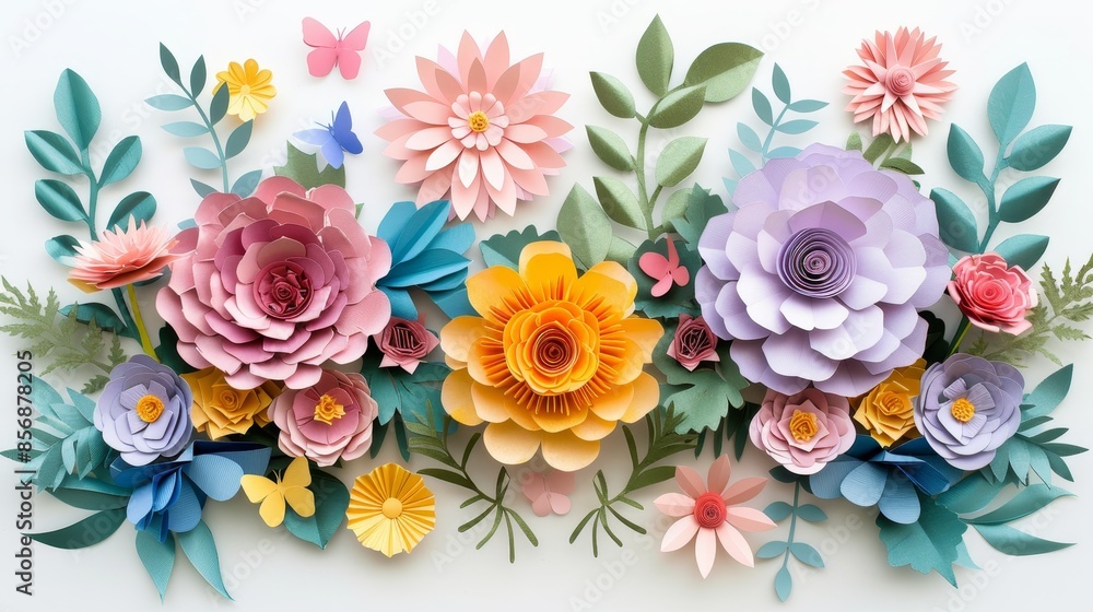 Abstract cut paper flowers isolated on white, featuring pastel roses, daisies, dahlias, butterflies, and leaves, botanical background, raw style Abstract cut paper flowers isolated on white, featuring pastel roses, daisies, dahlias, butterflies, and leaves, botanical background, raw style