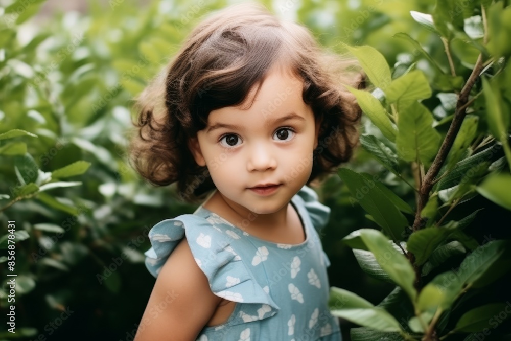 cute little girl standing in public park against green leaves cute little girl standing in public park against green leaves