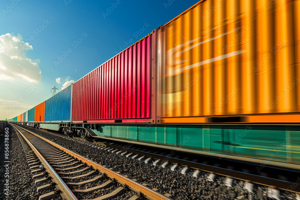 Fototapeta premium Highspeed freight train with vibrant intermodal containers