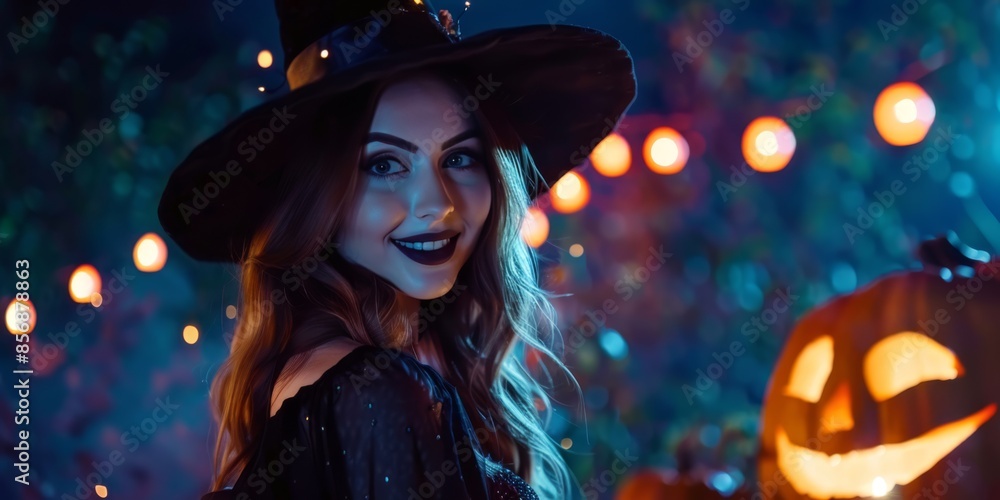 Beautiful young woman in a black witch costume, smiling with long wavy hair and dark makeup, standing amidst glowing Jack-o-lanterns and festive Halloween lights Beautiful young woman in a black witch costume, smiling with long wavy hair and dark makeup, standing amidst glowing Jack-o-lanterns and festive Halloween lights