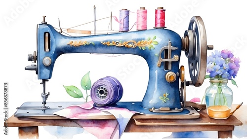 Watercolor sewing machine with colorful vibrant theme, isolated on a white background, world sewing machine day