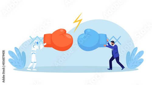 Artificial intelligence vs human. Business competition, conflict. Businessman with the robot collided in battle. People blaming a robot for stealing jobs. Unemployment problem cause by automation