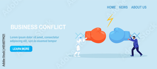 Artificial intelligence vs human. Business competition, conflict. Businessman with the robot collided in battle. People blaming a robot for stealing jobs. Unemployment problem cause by automation