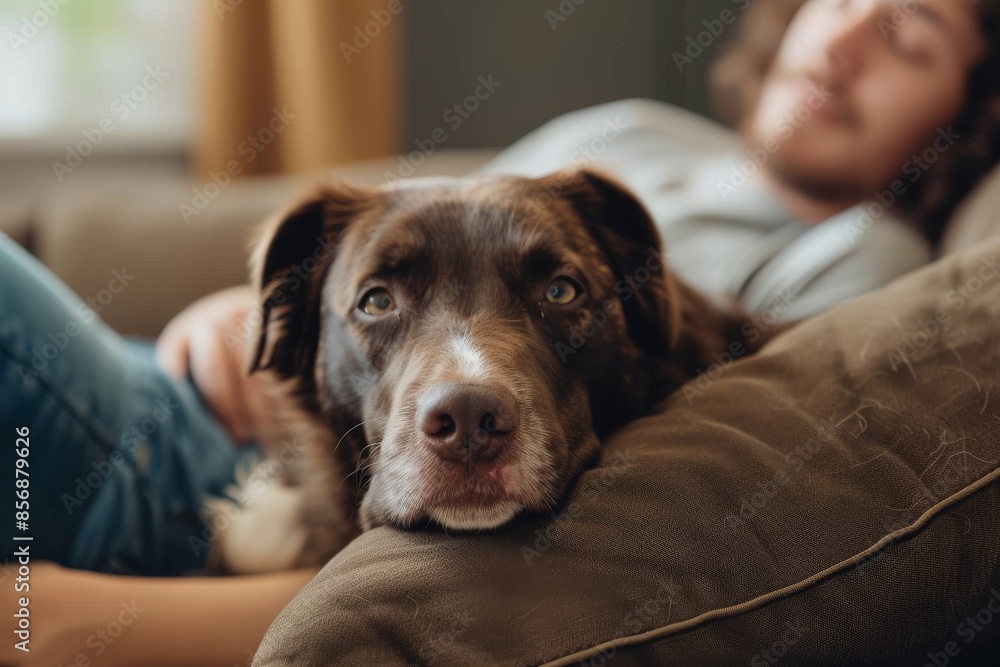 Cute dog and his new owner in the sofa at home after rehoming rescue dog Cute dog and his new owner in the sofa at home after rehoming rescue dog
