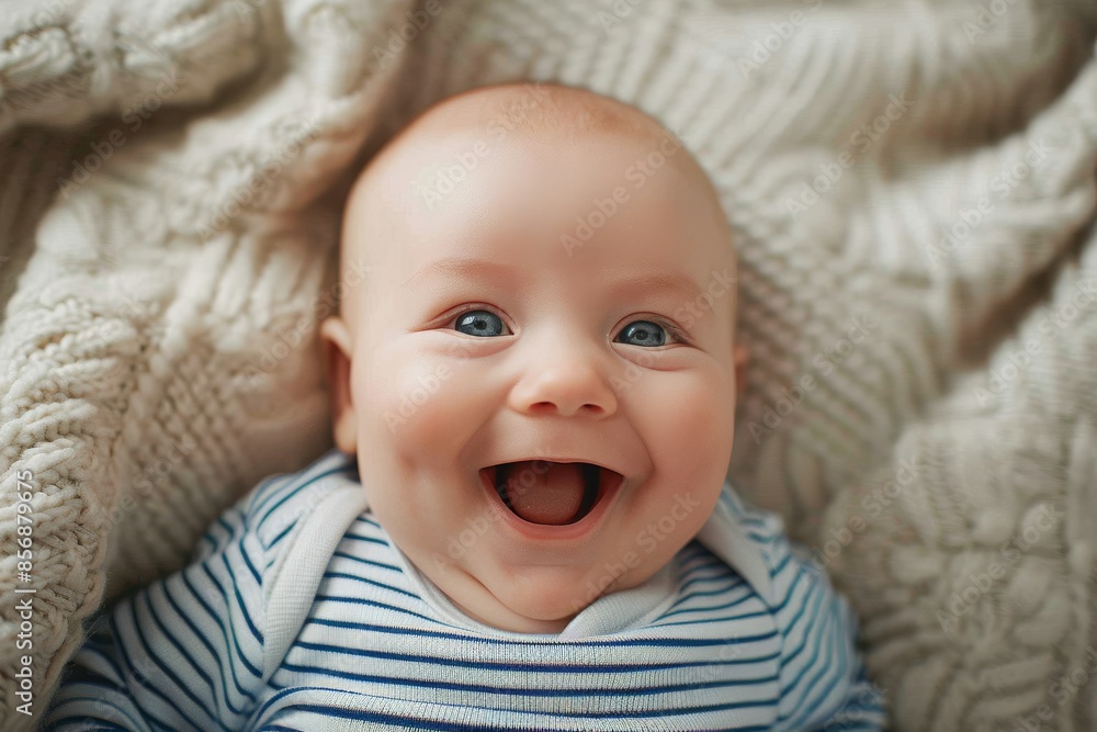 Happy, Laughing Baby Boy Lying on Textured Fabric Happy, Laughing Baby Boy Lying on Textured Fabric