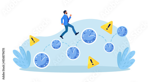 Work time management. Busy businessman is running over watch. Quick response, person rush to do everything on work matters. Time is running out. Deadline, time pressure. Time management, productivity