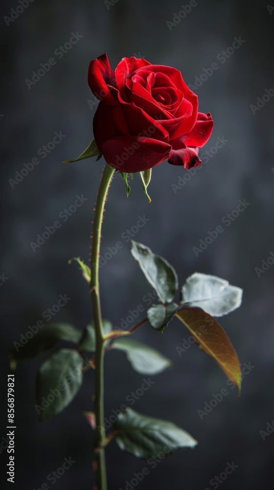 Fototapeta premium Single red rose with dark background, close-up view. Romantic and elegant floral concept
