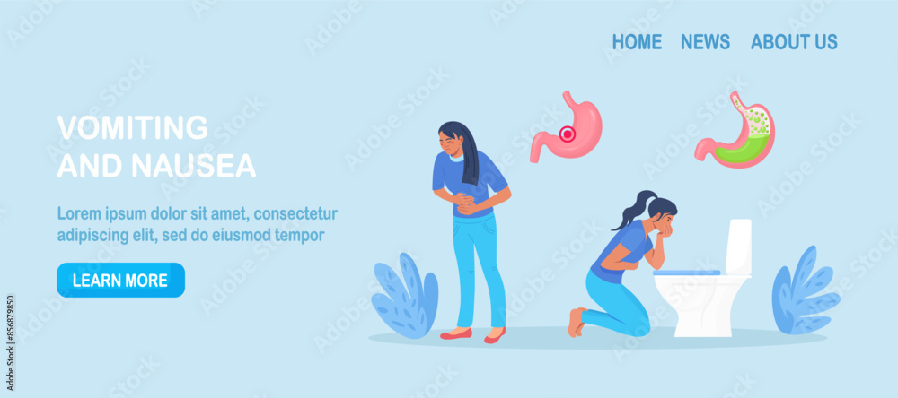 Sick character vomiting in toilet. Nausea stomach ache. Food or alcohol poisoning, digestive problem. Woman with signs and symptoms of pregnancy. Gastritis, appetite loss Sick character vomiting in toilet. Nausea stomach ache. Food or alcohol poisoning, digestive problem. Woman with signs and symptoms of pregnancy. Gastritis, appetite loss