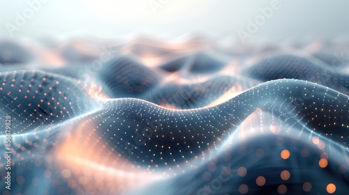 Futuristic Digital Landscape with Wavy Glowing Lines and Dots in Cyberspace Theme photo