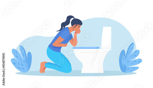 Sick character vomiting in toilet. Nausea stomach ache. Food or alcohol poisoning, digestive problem. Woman with signs and symptoms of pregnancy. Gastritis, appetite loss
