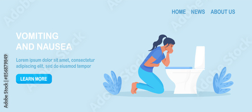 Sick character vomiting in toilet. Nausea stomach ache. Food or alcohol poisoning, digestive problem. Woman with signs and symptoms of pregnancy. Gastritis, appetite loss