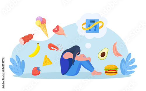 Eating disorders as psychological illness. Excessive weight control. Depressed woman worries about being overweight. Addiction to slimming, mental guilty feeling. Overeating, bulimia, anorexia