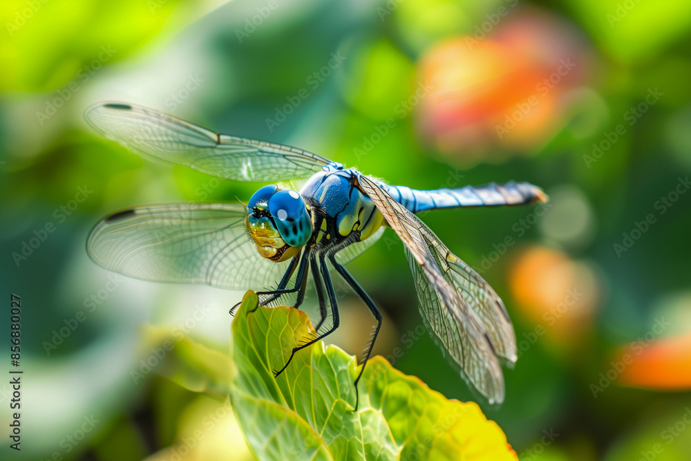 Blue dragonfly sitting on a green leaf in the garden Blue dragonfly sitting on a green leaf in the garden
