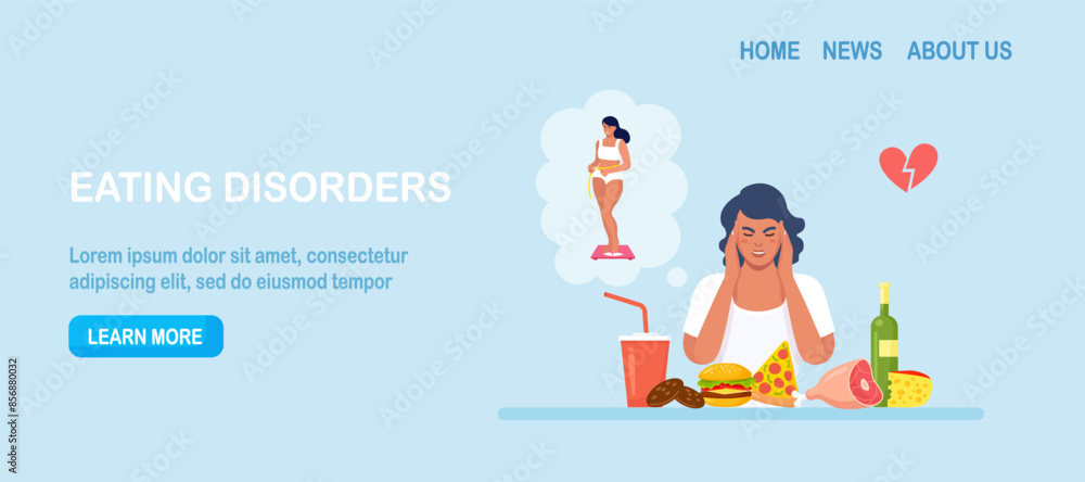 Fototapeta premium Eating disorders as psychological illness. Excessive weight control, food limitation. Depressed woman eating fast food. Extreme overeating. Addiction to slimming, dieting and mental guilty feeling