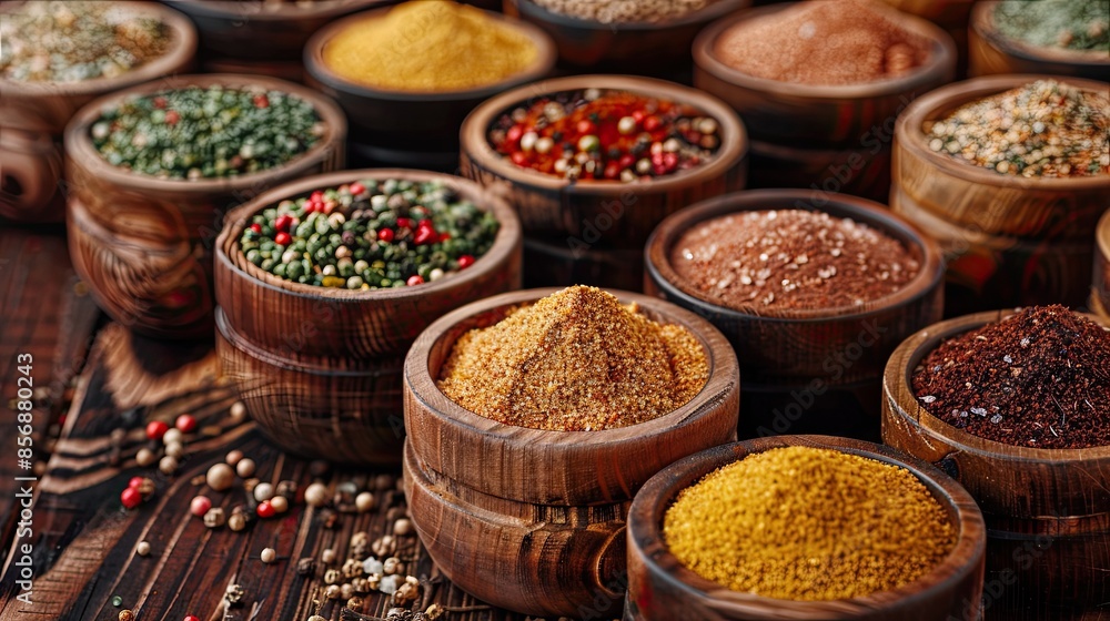 Rustic Wooden Bowls with Colorful Spices on Wooden Table Background Rustic Wooden Bowls with Colorful Spices on Wooden Table Background
