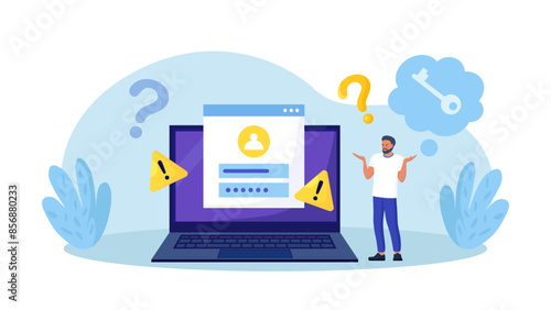 Confused man forgetting her password for web page. User assistance and password reset services. Person who forgot his personal data when he wanted to log in. Authorization and identification