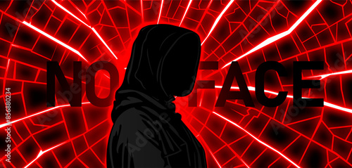 Vector bright glowing red poster. A man without a face in a black hoodie. Fire background broken into pieces. Legend of death. Otherworldly mysticism.