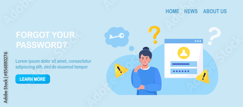 Confused woman forgetting her password for web page. User assistance and password reset services. Person who forgot his personal data when he wanted to log in. Authorization and identification
