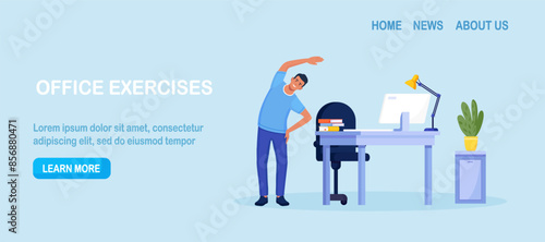 Man doing side bends, stretching. Employee working from home or office doing sport exercises at workplace to get rest and relaxation. Removing tension and muscle soreness. Fitness workout