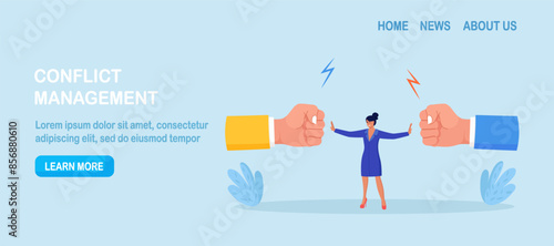 Conflict management. Woman stopping conflict or fighting. Leadership skill to compromise and solving argument problem. Disagreement communication, negotiation. Business deal conversation