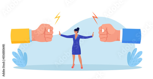 Conflict management. Woman stopping conflict or fighting. Leadership skill to compromise and solving argument problem. Disagreement communication, negotiation. Business deal conversation