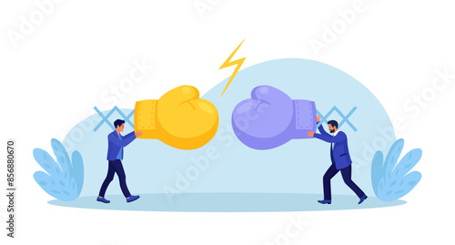 Business people fighting in boxing gloves. Conflict between coworkers or misunderstanding. Tensed argument of two partners or colleagues. Confrontation. Aggressive quarrel, two opponents fight