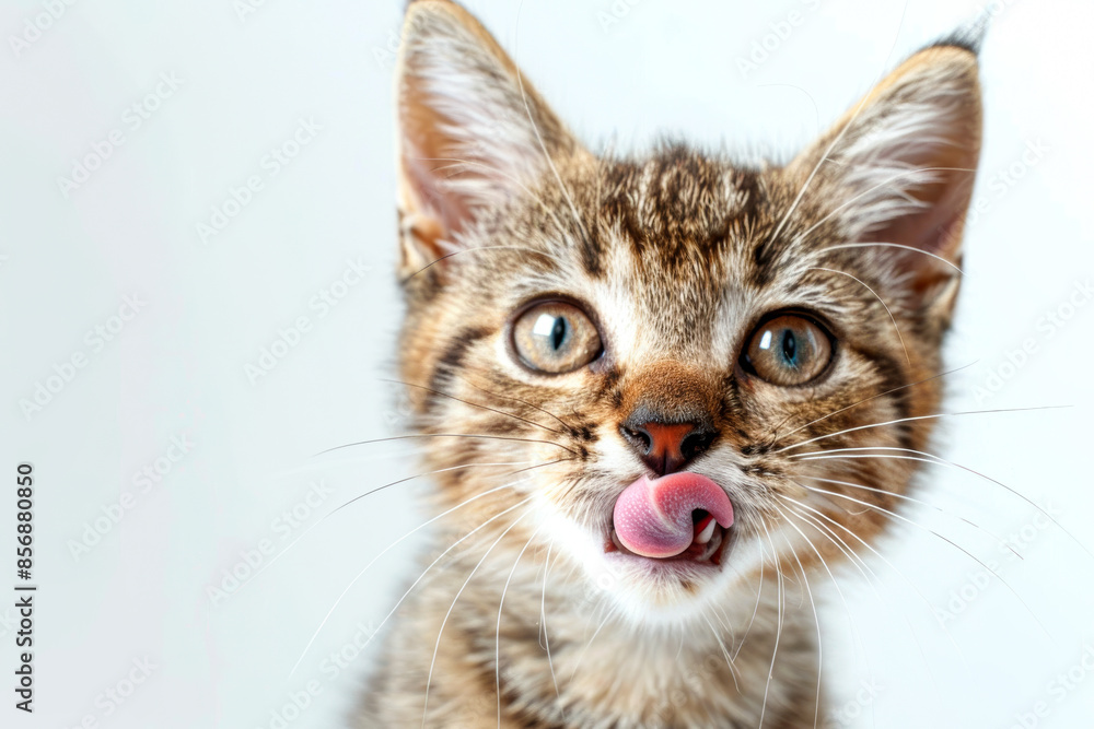 Lovely brown gray tabby Kitty Licking screen on Isolated Lovely brown gray tabby Kitty Licking screen on Isolated