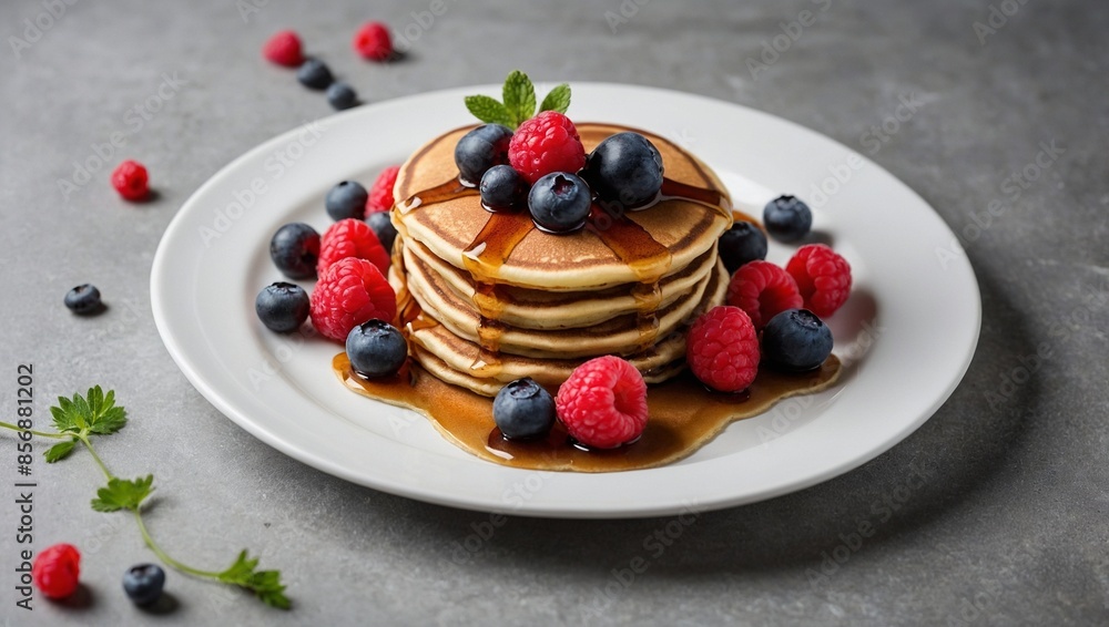 on a white background a plate with pancakes decorated with berries on a white background a plate with pancakes decorated with berries