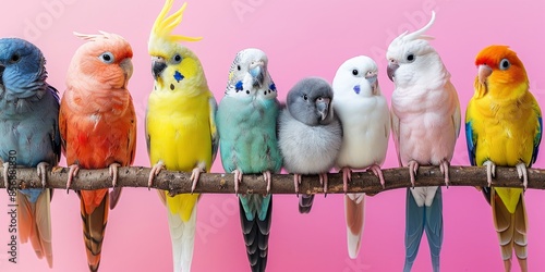 Vibrant Parakeets and Cockatiels Perched in a Colorful Gradient Background photo