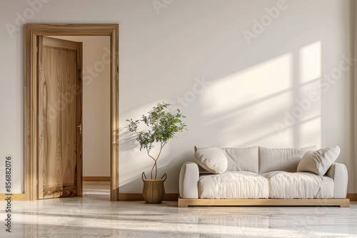 Open modern wooden door to living room