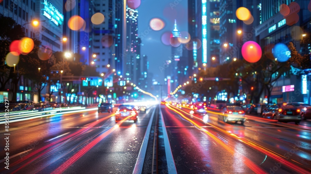 Vibrant Night Cityscape with Blurred Traffic Lights and Skyscrapers in the Background Vibrant Night Cityscape with Blurred Traffic Lights and Skyscrapers in the Background