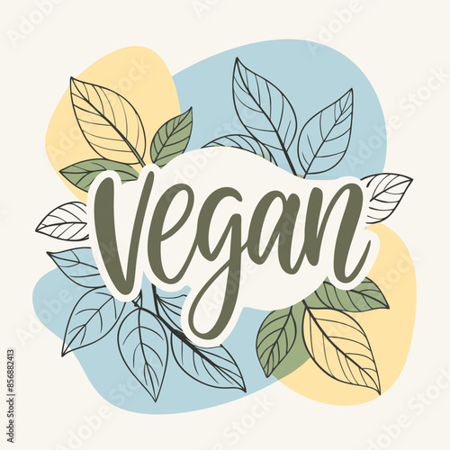 The word vegan is in leaves on a naturethemed colorful background