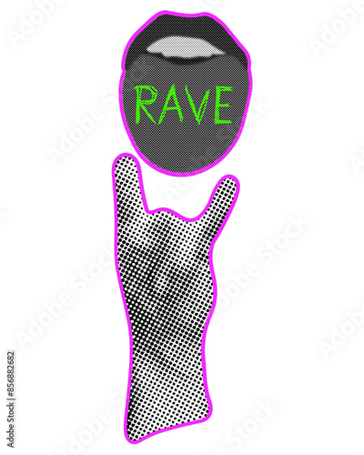 Halftone Collage design of Rave invite template. Nostalgia punk night club aesthetic. Vintage texture vector illustration can used design party poster, flyer. Rock'n'roll design t-shirt print.