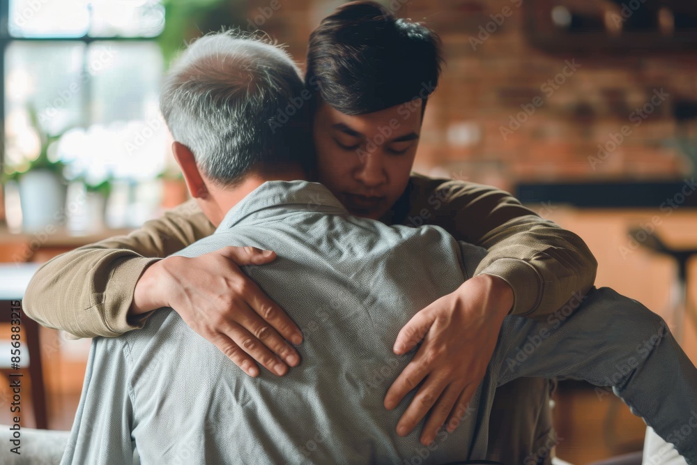 Rear view of son and elderly father sitting together at home. Son caring for his father, putting hand on his shoulder, comforting and consoling him. Family love, bonding, care and confidence Rear view of son and elderly father sitting together at home. Son caring for his father, putting hand on his shoulder, comforting and consoling him. Family love, bonding, care and confidence