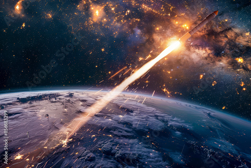 Rocket exiting the atmosphere into space from earth