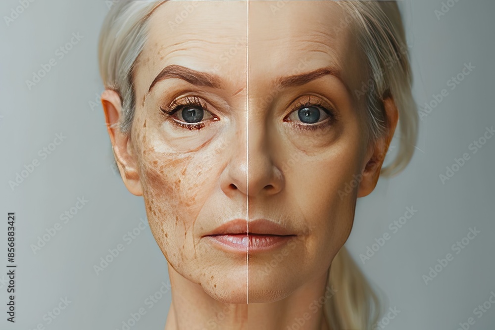 Aging and Skin Transformation: Side-by-Side Comparison of Woman's Wrinkles and Clear Complexion Aging and Skin Transformation: Side-by-Side Comparison of Woman's Wrinkles and Clear Complexion